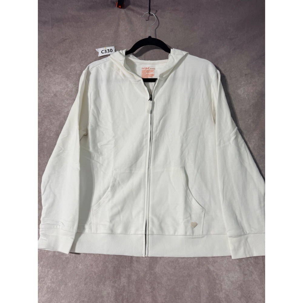 Cat & Jack Girls XXL 16/18 Cream White Full Zip Hoodie Sweatshirt Heart Detail